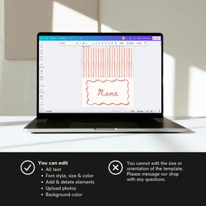 May include: A laptop displays a customizable template with a light pink and white design. The template includes vertical stripes and a name tag. Text on the screen reads "Name." Additional text below the laptop screen explains editing options.