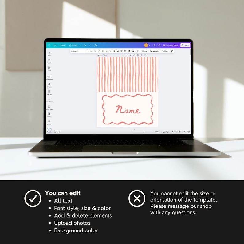 May include: A laptop displays a customizable template with a light pink and white design. The template includes vertical stripes and a name tag. Text on the screen reads "Name." Additional text below the laptop screen explains editing options.