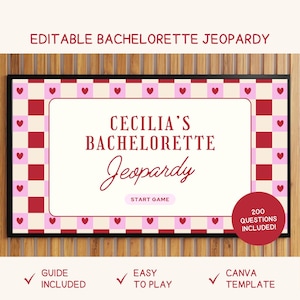 Bachelorette Jeopardy Game, Bachelorette Drinking Game, Bride Themed Trivia Game, Bach Party Games, Pink Hearts, Canva Template