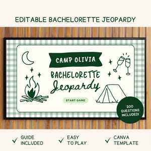 Camp Bachelorette Jeopardy Game, Glamping Bachelorette Drinking Game, Camp Themed Trivia Game, Camp Bach Party Games, Canva Template