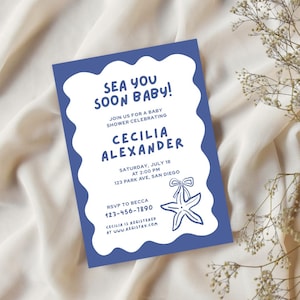 Convite para chá de bebê Sea You Soon, tema litorâneo, modelo editável e imprimível, convite digital para festa submarina