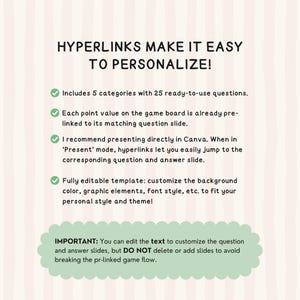 Puede incluir: Una plantilla digital con el texto "&iexcl;LOS HIPERV&Iacute;NCULOS FACILITAN LA PERSONALIZACI&Oacute;N!" y vi&ntilde;etas que describen caracter&iacute;sticas como 5 categor&iacute;as, preguntas pre-enlazadas y una presentaci&oacute;n de Canva. Incluye una nota sobre la edici&oacute;n de texto.