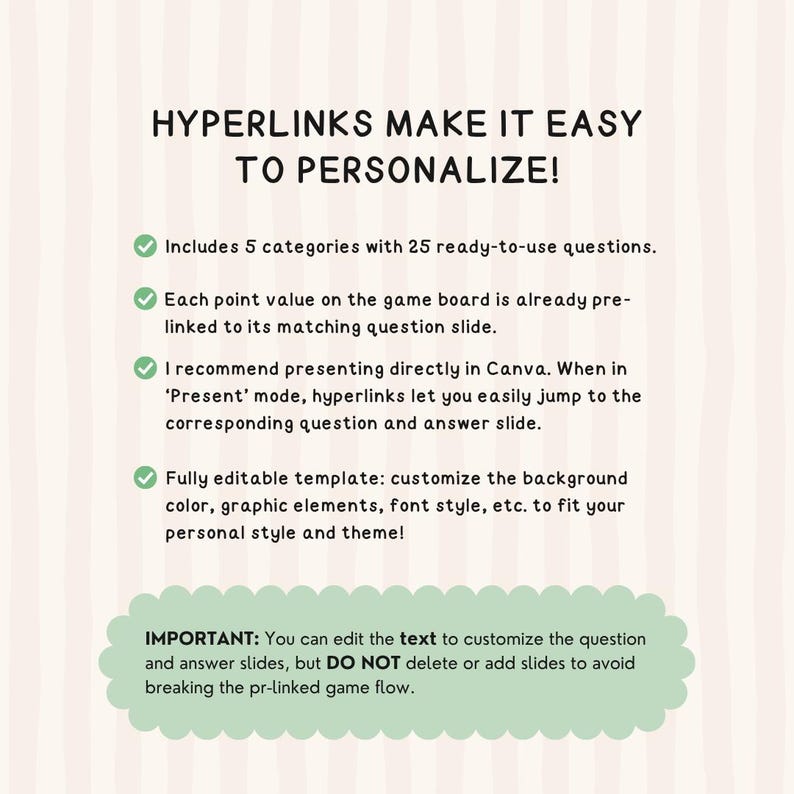 Puede incluir: Una plantilla digital con el texto "&iexcl;LOS HIPERV&Iacute;NCULOS FACILITAN LA PERSONALIZACI&Oacute;N!" y vi&ntilde;etas que describen caracter&iacute;sticas como 5 categor&iacute;as, preguntas pre-enlazadas y una presentaci&oacute;n de Canva. Incluye una nota sobre la edici&oacute;n de texto.