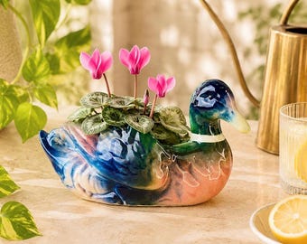 Maceta de cerámica vintage con forma de pato / Decoración colorida para el patio / Cerámica maximalista y original