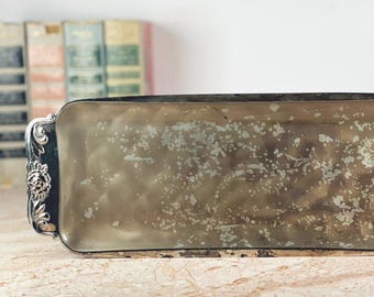 silver perfume tray for dresser Long Vintage Vanity Tray | Heavy Patina Silver Perfume Tray