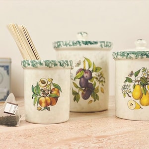 Vintage Italian Ceramic Lidded Jars  | Spring Fruit and Butterfly | Cottage Farmhouse Kitchen Decor
