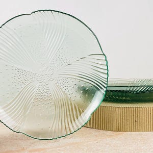 Set of 4 Green Glass Salad Plates | Teal Pressed Glass | Spring Table Setting