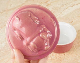 Vintage französischer Butterkrug | Rosa Schwein Steingut Butterdose | Landhaus Küche Dekor
