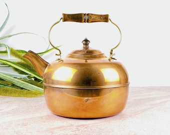 Tetera de cobre vintage / Mango de madera Revere Ware / Decoración de cocina rústica