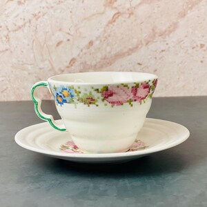 Vintage Floral Teacup and Saucer | Colorful Cross Stitch Pattern | Cottagecore Decor