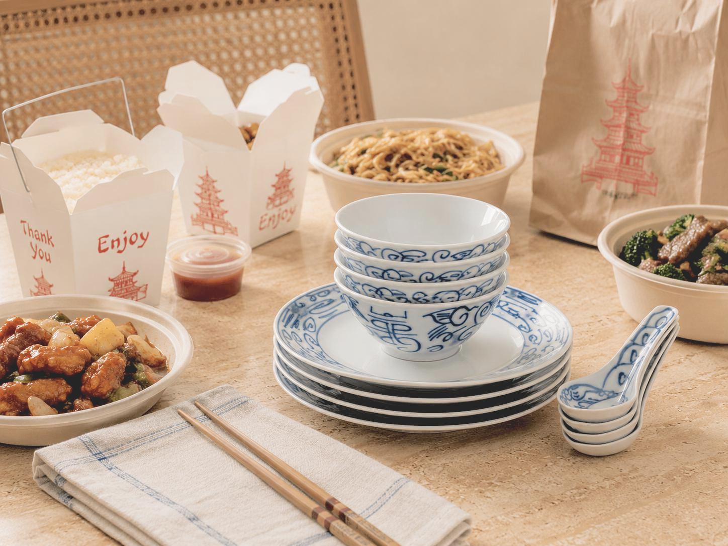 Vintage Chinese Dish Set with Porcelain Bowls Plates Spoons Blue and White Dinnerware Set