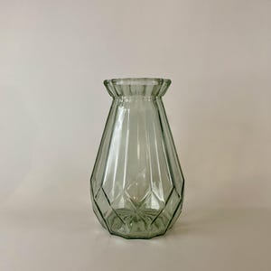 Midcentury Green Glass Vase | Geometric Design with Fluted Rim | Slightly Bubbled
