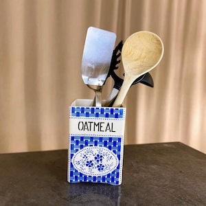 Vintage Czechoslovakian Oatmeal Jar: Blue Transferware Kitchen Decor