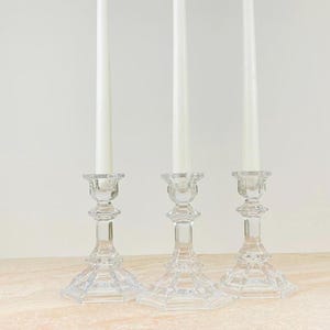 Set of 3 MatchingVintage Crystal Glass Candlestick Holders | Hexagon Base Taper Stands | Centerpiece Styling