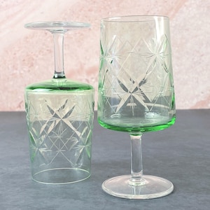 Antique Art Deco Uranium Glass Cordial Glasses | Set of 2 | Etched Star Pattern