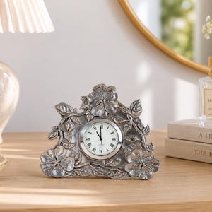 Vintage Pewter Floral Desk Clock | Silver Kirk Stieff Lenox Vanity Table Clock