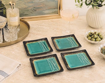 Vintage Teal Glazed Appetizer Plates Set of 4 | Baum Galaxy Jade Cocktail Plate Set
