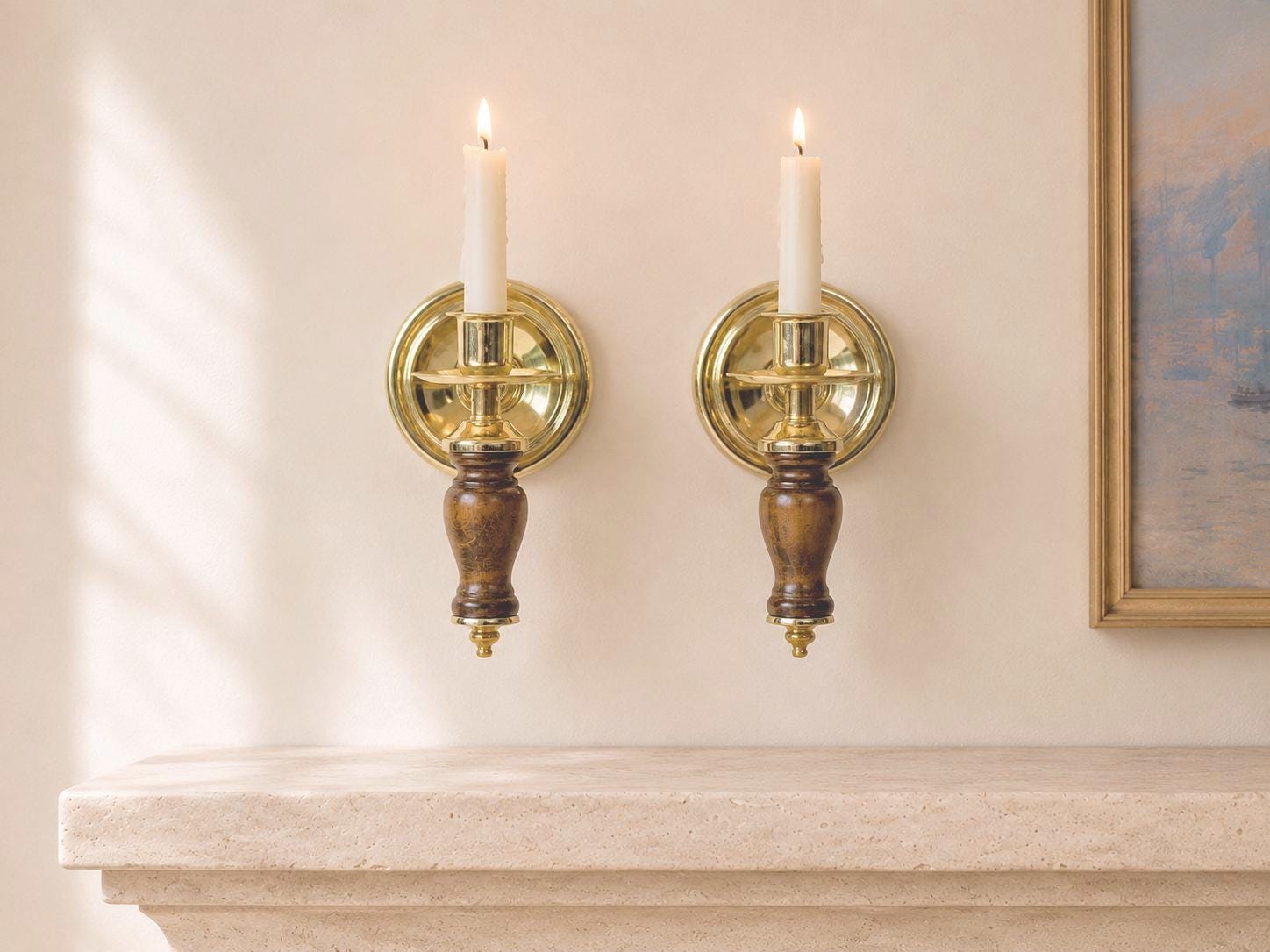 Vintage Wall Sconces Pair Wood and Brass Wall Mount Candlestick Holders