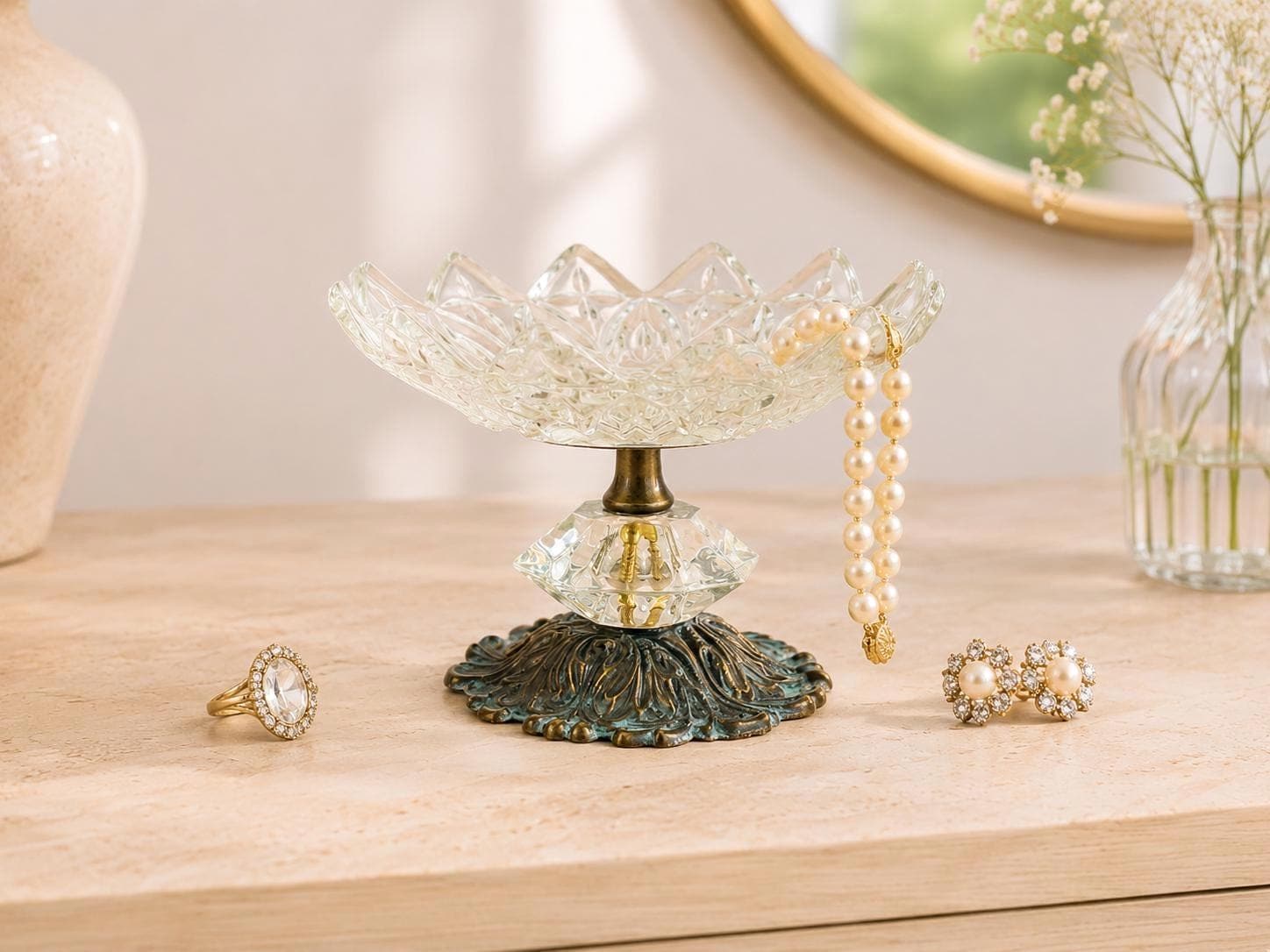 Vintage Brass Pedestal Ring Dish Glass Vanity Bowl Hollywood Regency…