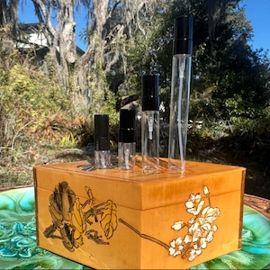 Puede incluir: Cuatro frascos de spray de vidrio transparente con tapas negras de diferentes alturas, dispuestos en fila sobre una caja de madera cuadrada. La caja tiene un acabado de color tostado claro con una ilustraci&oacute;n pintada de hojas verde oscuro.