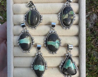 925 Sterling Silver Blackjack Turquoise Pendants (Beaded Bezel). All 925 marked.