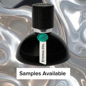 May include: A black perfume bottle with a dark wooden cap and a green seal. The bottle has a rounded shape and a white label that reads "Eternal Veil." The text "Samples Available" is displayed below the bottle.