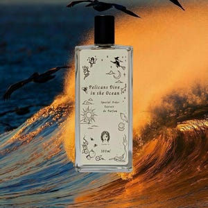 May include: A rectangular glass perfume bottle with a black cap, featuring a cream-colored label with black line art illustrations of a witch, moon, sun, and sea life. The text reads: Pelicans Dive in the Ocean, Special Order, Extrait de Parfum, 100ml.