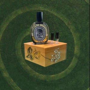 May include: An oval perfume bottle with a black cap sits atop a decorative box with floral designs. Two small vials with black caps are next to the bottle. The background is a green spiral pattern.
