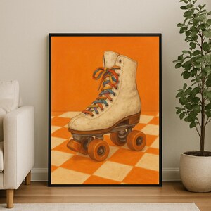 Retro Roller Skate Wall Art Print, 70s Disco Aesthetic Poster, Funky Vintage Roller Rink Decor, Groovy Digital Download, Skater Room Art