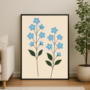 Minimal Blue Botanical Wall Art Print, Modern Plant Line Illustration, Neutral Nature Decor, Simple Floral Stem Artwork, Digital Download