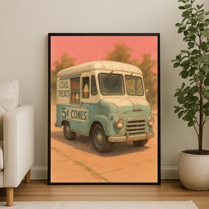 Retro Ice Cream Truck Wall Art, Vintage Dessert Van Print, 90s Summer Poster, Nostalgic Sweet Treat Decor, Fun Kitchen Artwork