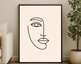 Halbes Gesicht Linie Kunstdruck, minimalistische Porträt Wandkunst, One Line Zeichnung Poster, modernes abstraktes Gesicht Dekor, neutraler digitaler Download