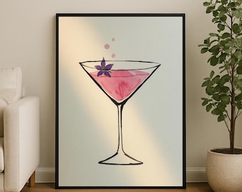Minimalistische Cocktailglaslinie Kunstdruck, modernes Getränkeplakat, Barwagen-Wanddekor, Küche digitaler Download, Hausbarkunst