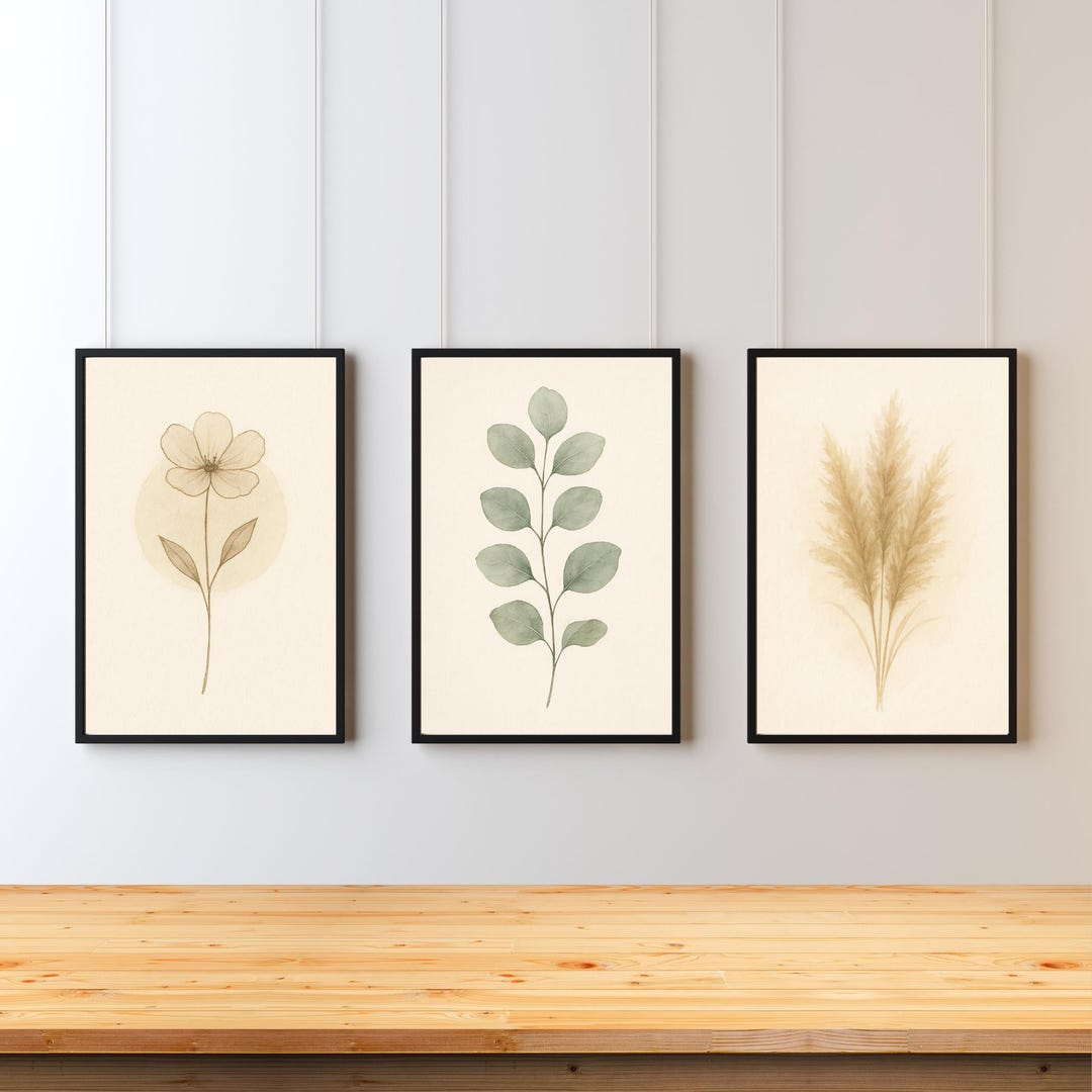 Neutral Botanical Wall Art Set of 3, Minimalist Plant Prints, Modern ...