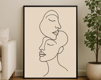 One Line Two Faces Wall Art Print, minimalistisches Gesicht Zeichnung Poster, Abstraktes Paar Linie Kunst, moderne Liebe druckbar, handgezeichnet Download