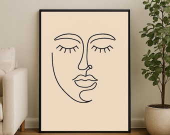 Abstraktes Gesicht Linie Kunstdruck, Minimal One Line Zeichnung Poster, geschlossene Augen abstrakte Wanddekoration, Beige modernes Porträt, digitaler Download