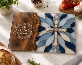 Personalized Christian Glass Cutting Board, Family Name Stained Glass Cross Kitchen Decor, Custom Wedding or Housewarming Gift