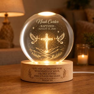 Personalized Baptism Gift Crystal Ball Night Light, Custom Christian LED Keepsake Lamp with Cross, Name Date, Psalm 139