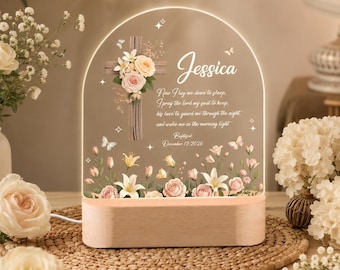 Personalized Baptism Night Light, Custom Floral Cross Acrylic LED Lamp, Christian Nursery Decor, Christening Gift for Girl