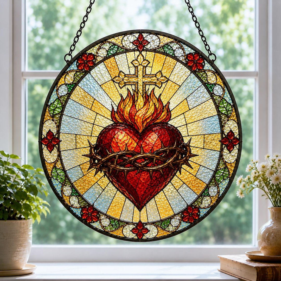 Stained Glass Suncatcher With Sacred Heart of Jesus, Catholic Religious ...