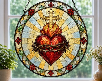 Stained Glass Suncatcher with Sacred Heart, Catholic Religious Window Hanging, Prayer Room Decor