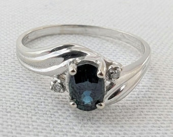 Vintage 10 kt witgouden ring met blauwe saffier met diamantaccenten, maat 6,5 inch