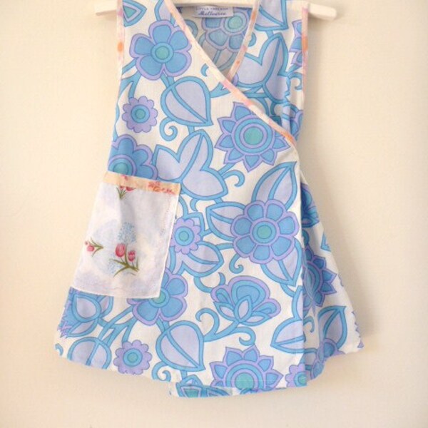 SALE girls dress, wrap style in blue and lilac leaves size 2