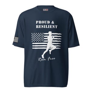 May include: Navy blue XL t-shirt with the words "PROUD & RESILIENT" above a white graphic of the American flag and a runner. The words "Run Free" are below the runner. An American flag is on the left sleeve.