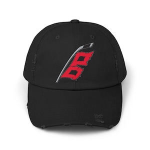 May include: Black distressed baseball cap featuring a red and gray graphic. The graphic appears to be a stylized letter "B" with a hockey stick design. The cap has a curved brim and a distressed, worn look.