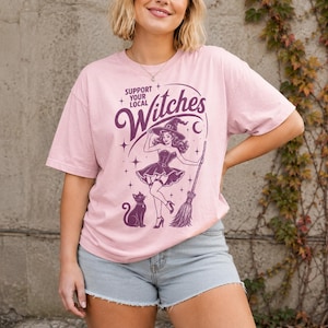 Support Your Local Witches Shirt, Vintage Witch Halloween Tee, Cute Witch and Black Cat Graphic Shirt, Spooky Season Gift for Women