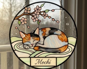 Personalized Calico Cat Stained Glass Suncatcher, Sleeping Cat on Cherry Blossom Window Hanging, Custom Pet Memorial Gift, Sakura Cat Decor