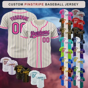 May include: Custom pinstripe baseball jerseys in various colors. The jerseys feature pinstripes, the text "YOURNAME" and "Yourteams", and the number "00". The jerseys are available in a variety of color combinations.