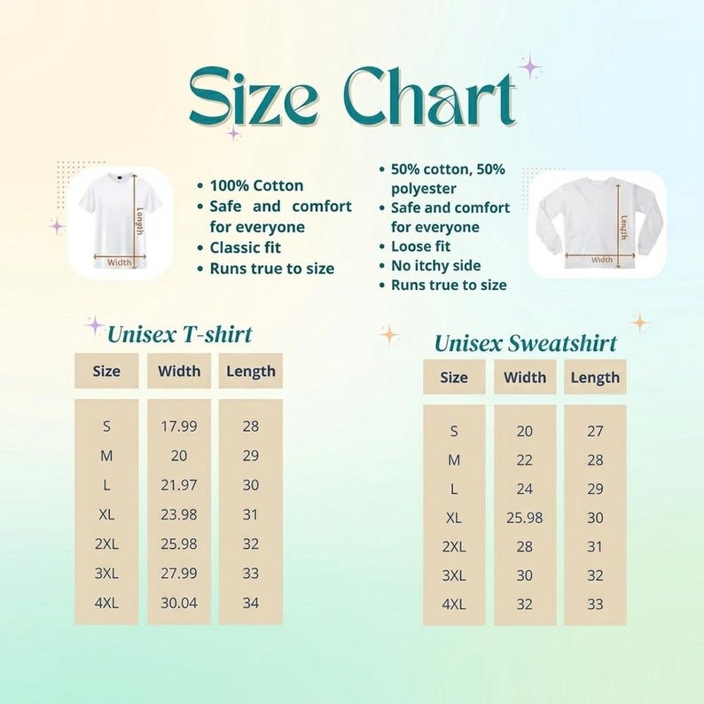 May include: A size chart for a unisex t-shirt and sweatshirt. The t-shirt section lists 100% cotton, classic fit, and measurements in inches from 17.99 to 30.04 width. The sweatshirt section lists 50% cotton, 50% polyester, loose fit, and measurements.