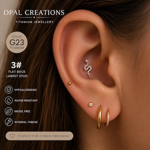 May include: A silver-toned snake-shaped flat back labret stud with clear stones in the conch, a gold-toned ball stud, a small gold-toned round stud, a thick gold-toned hoop, and a thin gold-toned hoop with clear stones in the ear lobe.